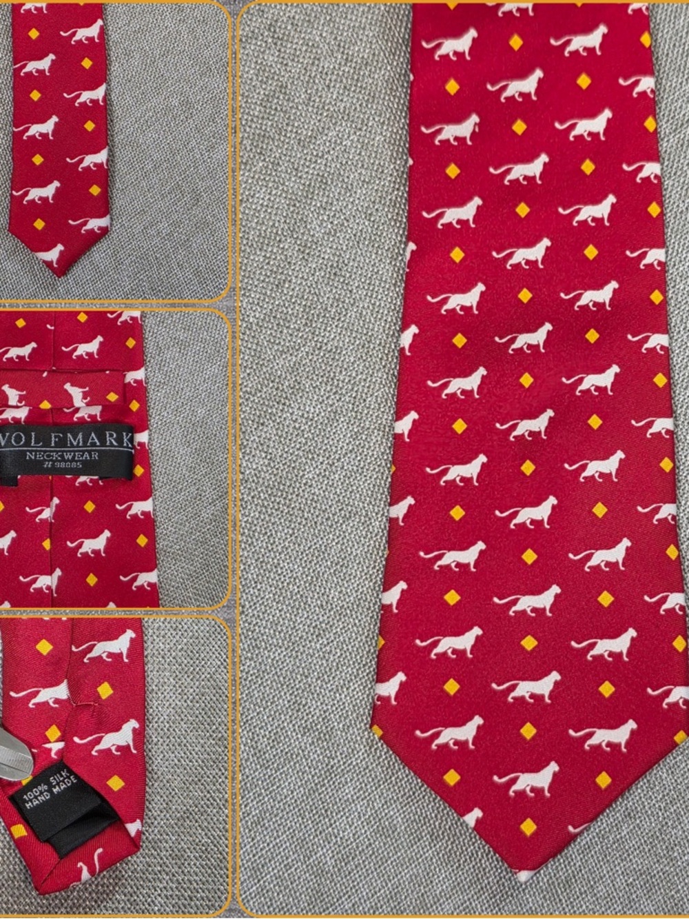 Panther Cougar Animal Print Silk Tie Wolfmark Red Handmade